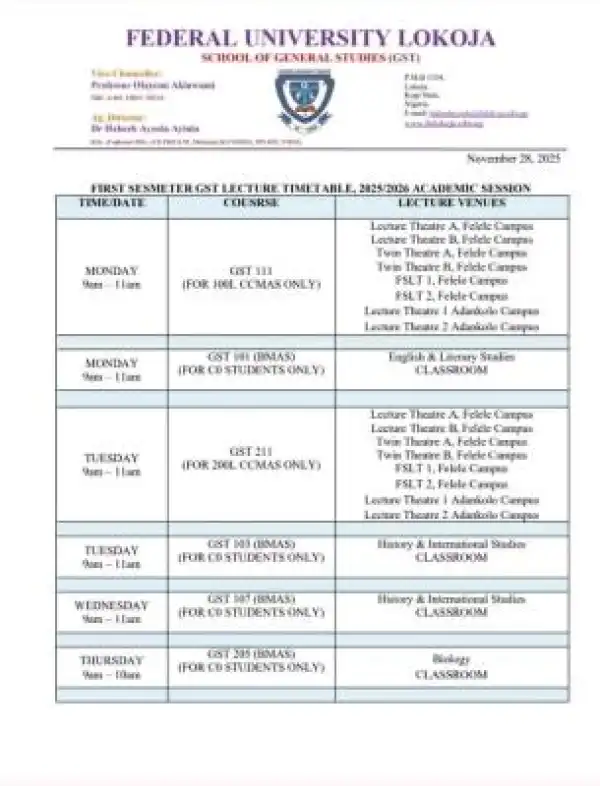 FULOKOJA first semester GST lecture timetable, 2025/2026