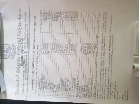 Hussaini Adamu Fed Poly approved registration fees, 2023/2024
