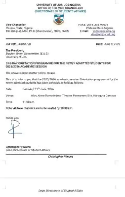 UNIJOS announces orientation programme for fresh students, 2025/2026