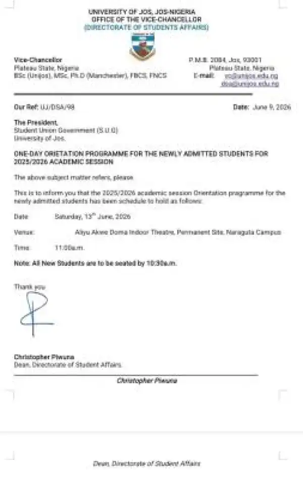 UNIJOS announces orientation programme for fresh students, 2025/2026