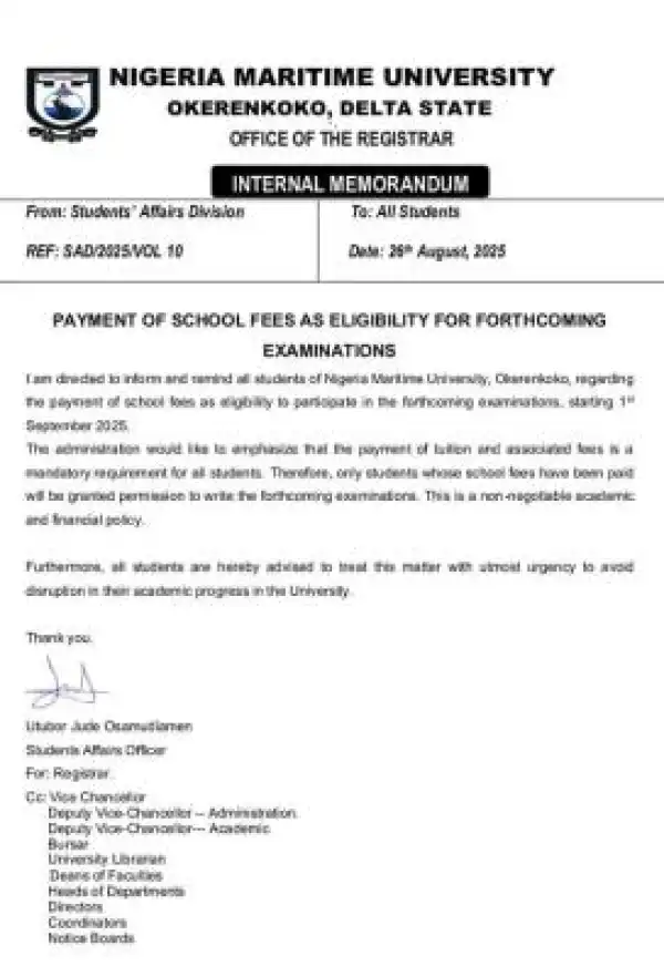 Nigeria Maritime University notice on "no school fees, no exam" policy