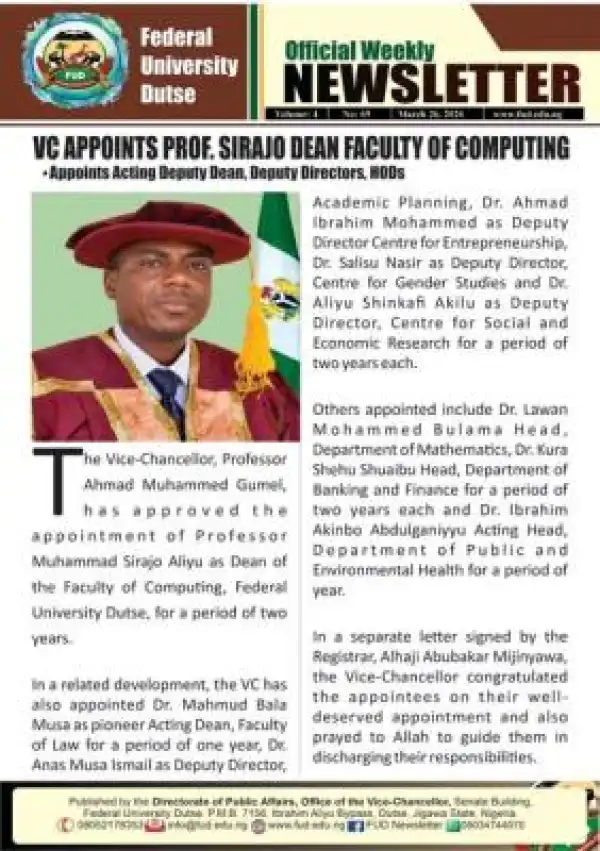 FUDutse VC Appoints New Dean, Deputy Directors, and Heads of Department