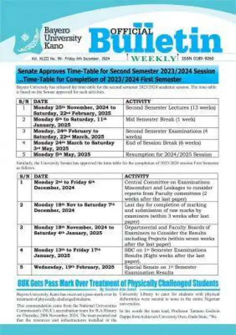 BUK Time-Table for completion of 1st semester 2nd Semester, 2023/2024