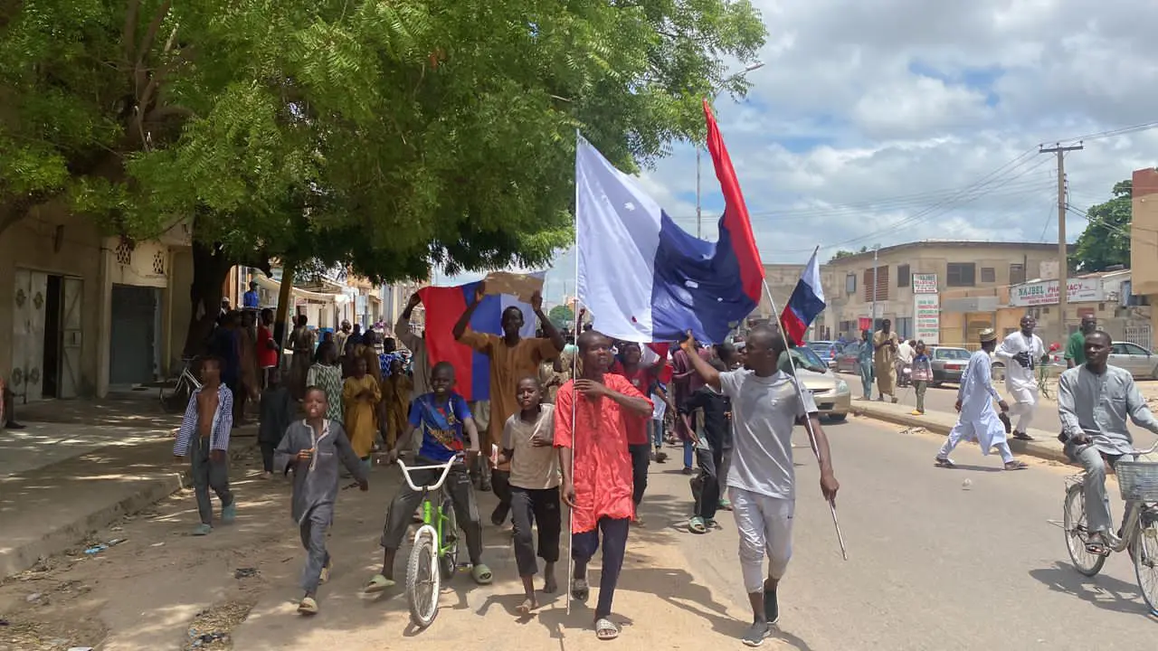 ‘Rescue Nigerians now’ – Protesters with Russian flags beg Putin