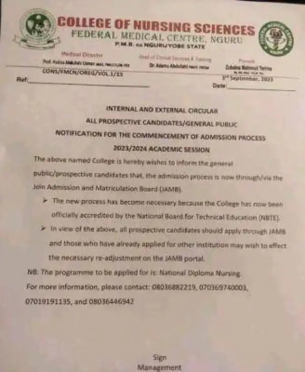 Fed Medical Centre, Nguru notification on commencement of admission process, 2023/2024