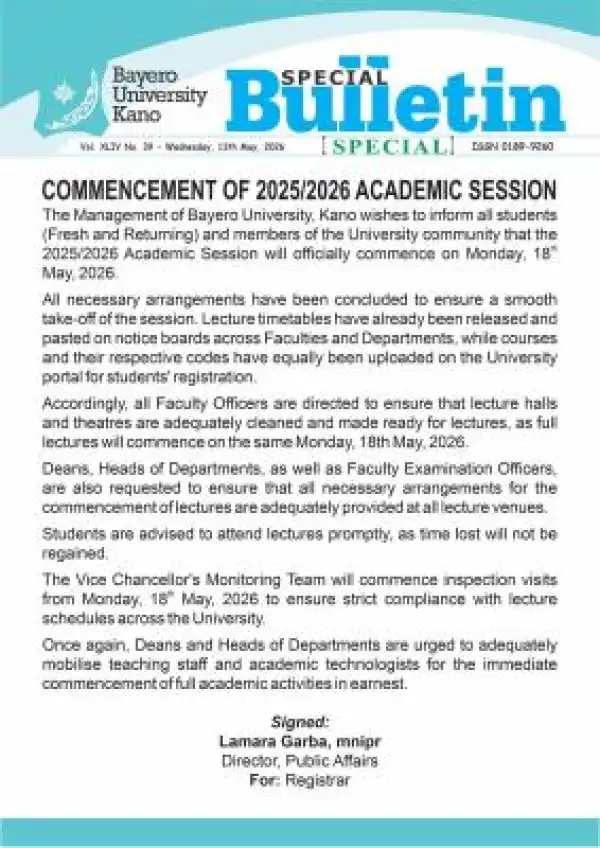 Bayero University, Kano Announces Commencement of 2025/2026 Academic Session