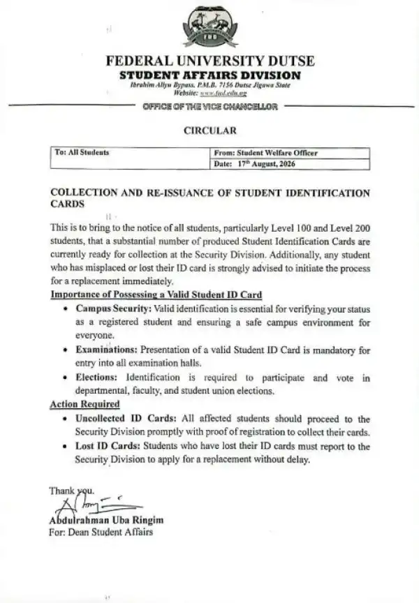 FUDUSTE notice on collection and rẹ-Issuance of student Identification Cards