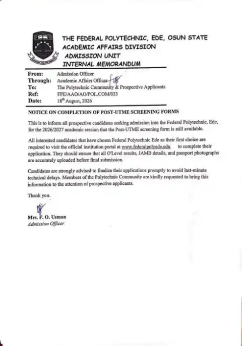 Federal Poly Ede notice on Completion of Post-UTME Screening forms, 2026/2027 Session