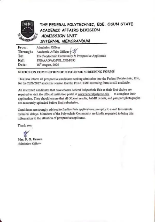 Federal Poly Ede notice on Completion of Post-UTME Screening forms, 2026/2027 Session