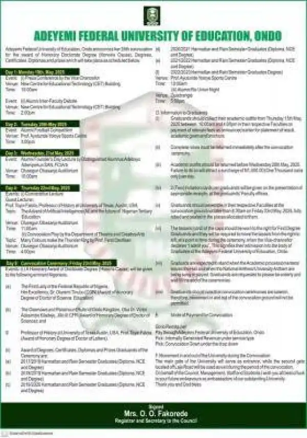 Adeyemi Federal University of Education schedule of events for 35th Convocation Ceremony