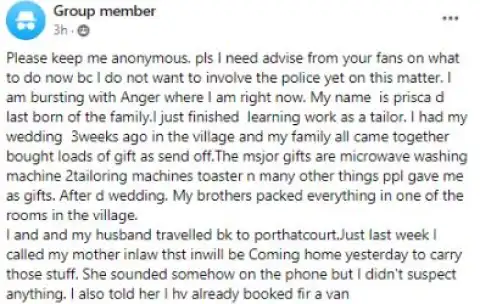 Newly-wed Nigerian Woman Laments After Her Sisters-in-law Took The Wedding Gifts Her Family Members Purchased For Her