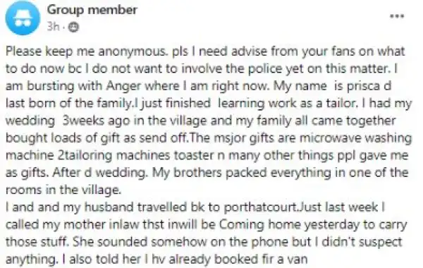 Newly-wed Nigerian Woman Laments After Her Sisters-in-law Took The Wedding Gifts Her Family Members Purchased For Her
