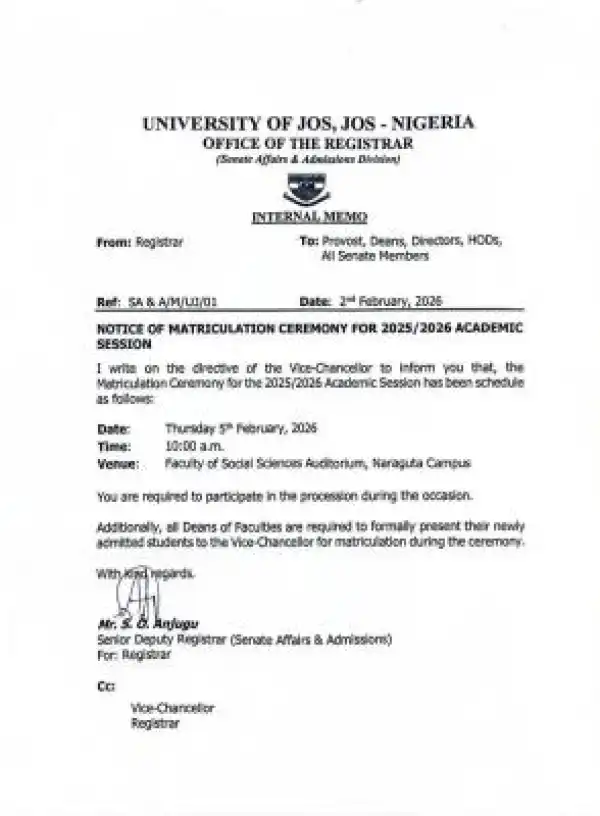 UNIJOS announces 2025/2026 Matriculation ceremony