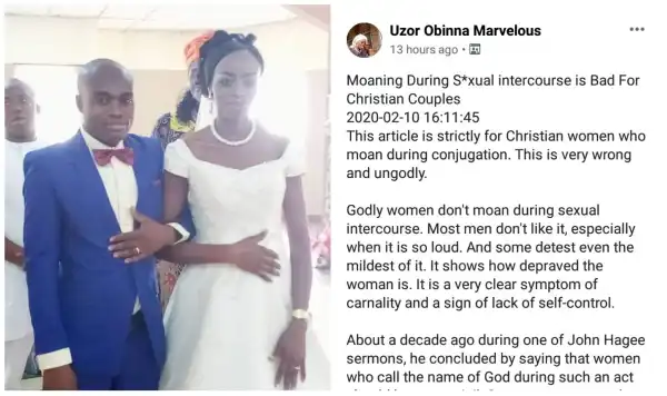 Any man or woman that moans during sex should be taken for deliverance – Nigerian man claims