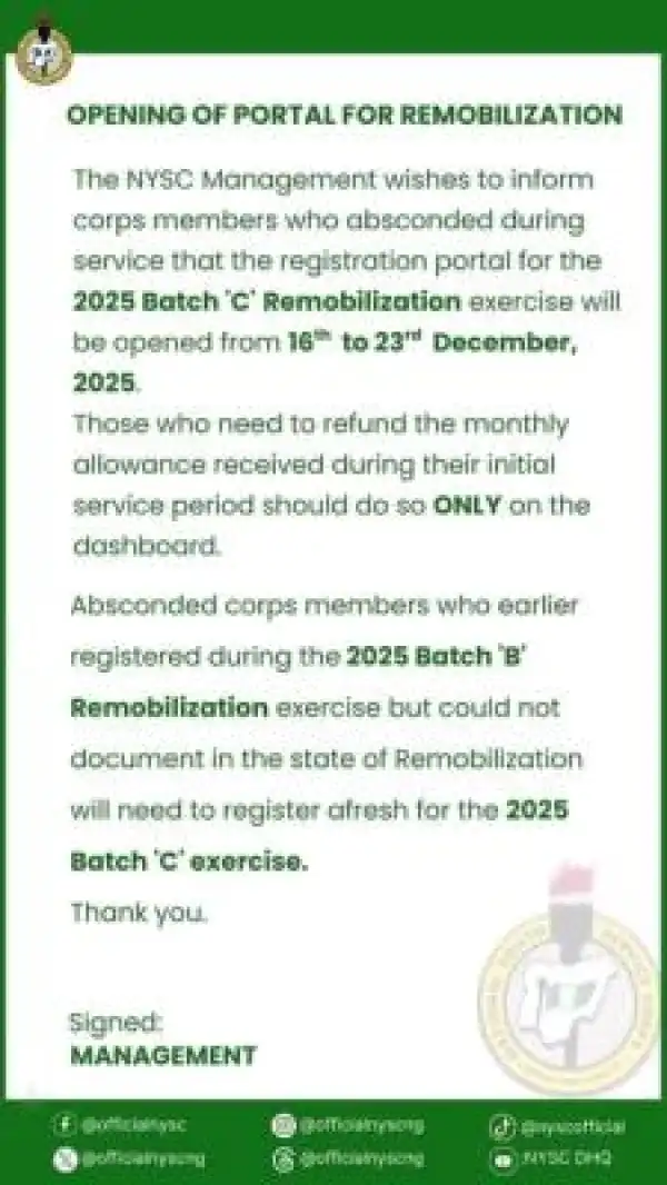 NYSC notice on 2025 Batch "C" remobilization exercise