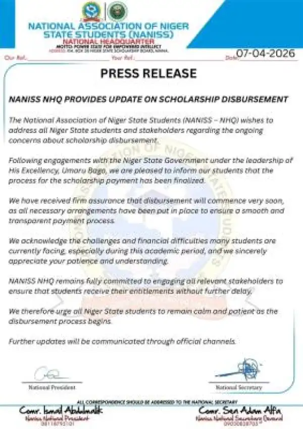 National Association of Niger State Students Update on student scholarship disbursement