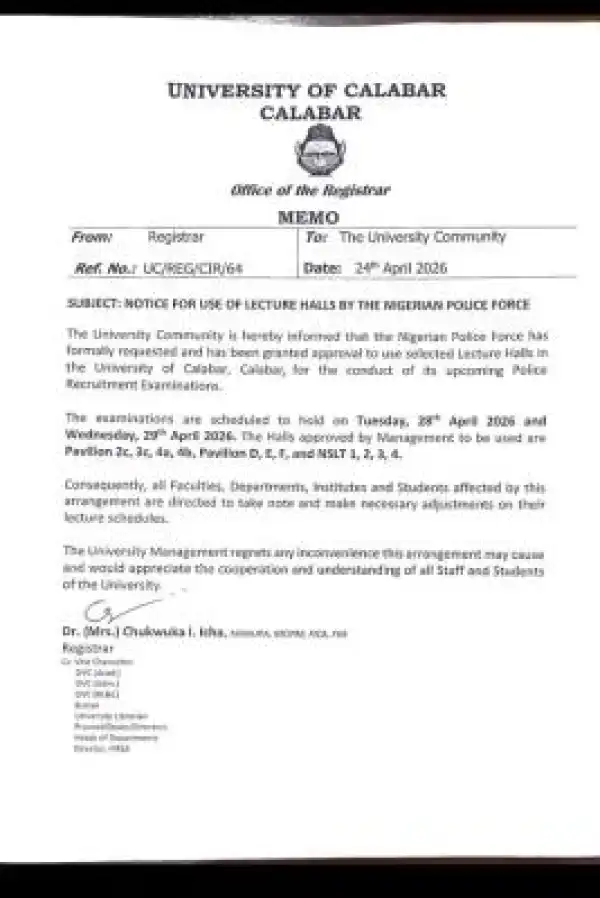 UNICAL notice on use of lecture halls by the NPF