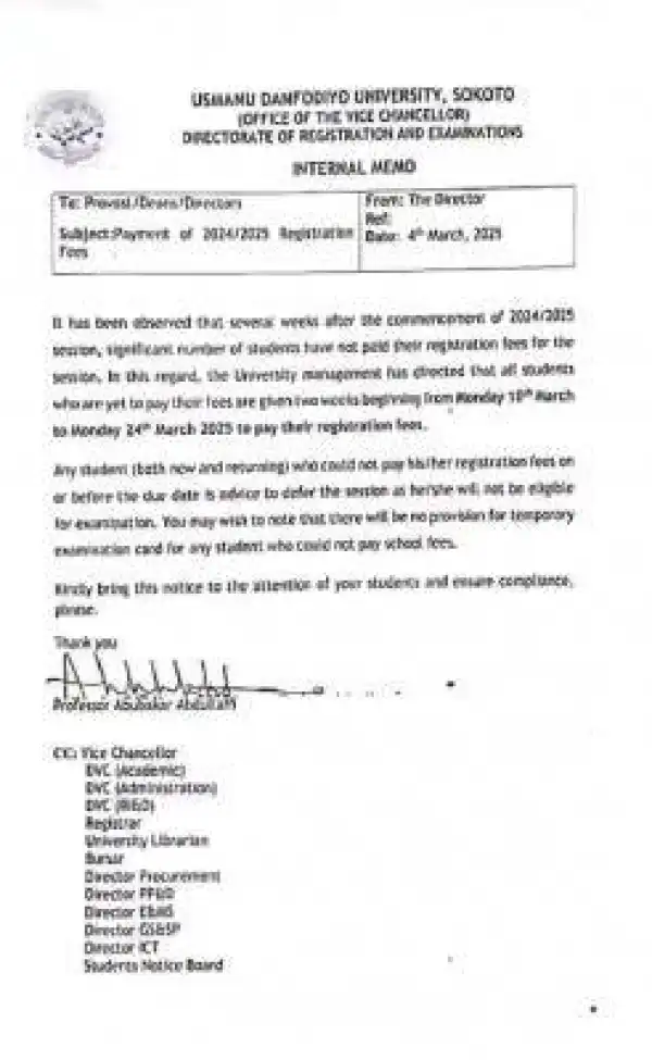UDUS issues notice to students on payment of registration fees, 2024/2025