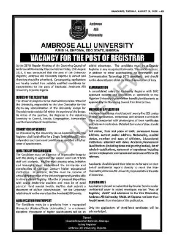 AAU announces vacancy for the Post of a Registrar