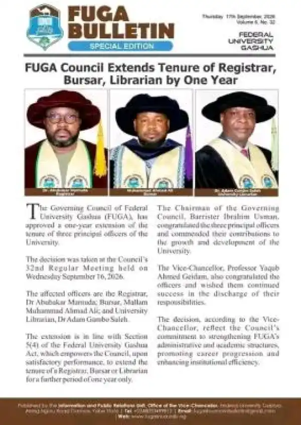 FUGASHUA Council extends tenure of Registrar, Bursar, Librarian by one Year