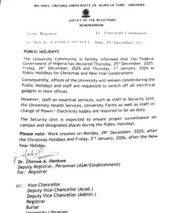 MOUAU announces Christmas and New year public holidays