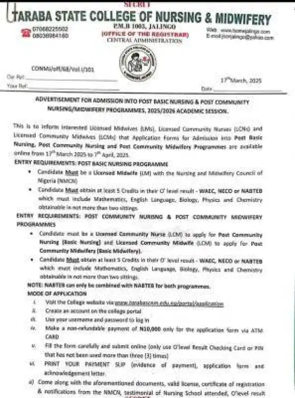 Taraba College of Nursing & Midwifery admission into Post Basic Nursing & Post Community Nursing/Midwifery, 2025/2026