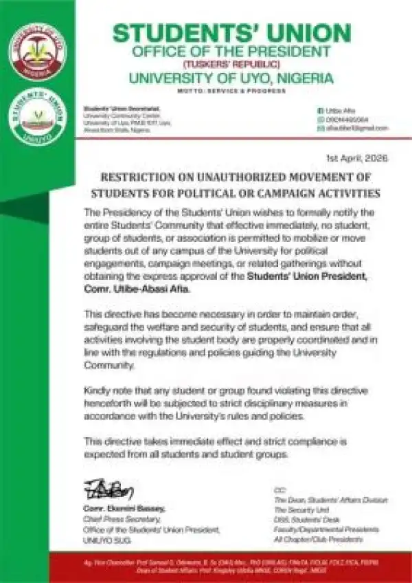 UNIUYO SUG restricts unauthorized movement of students for Political Activities