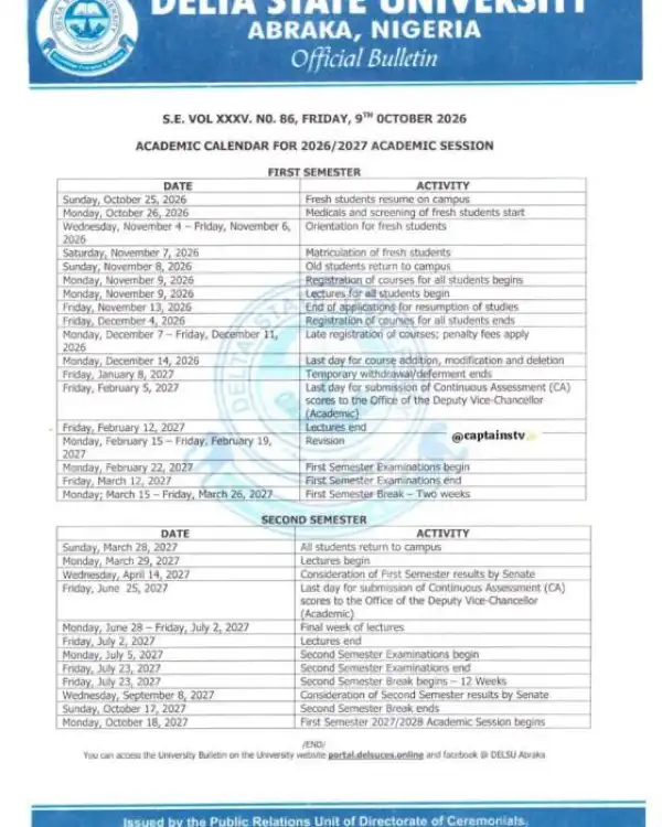 DELSU Releases Academic Calendar for 2026/2027 Academic Session