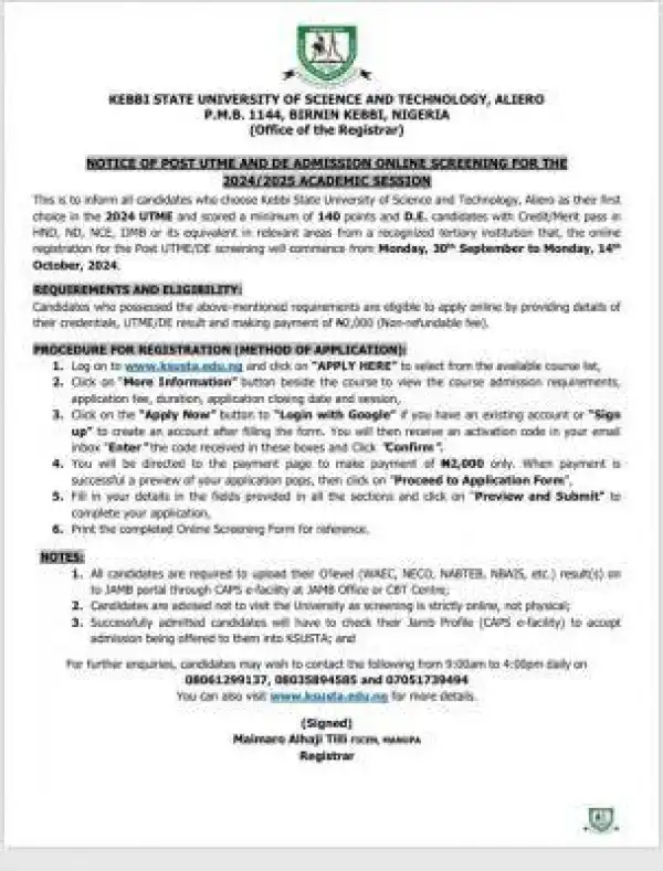 KSUSTA Post-UTME/DE 2024: cut-off mark, eligibility, registration and screening details
