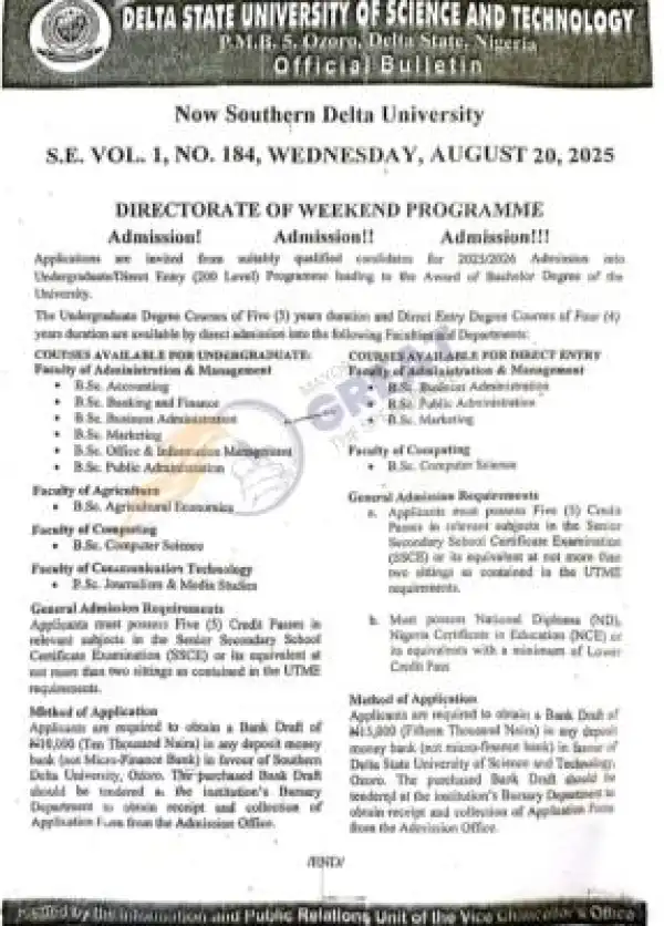 DSUST weekend programmes degree admission, 2025/2026 session