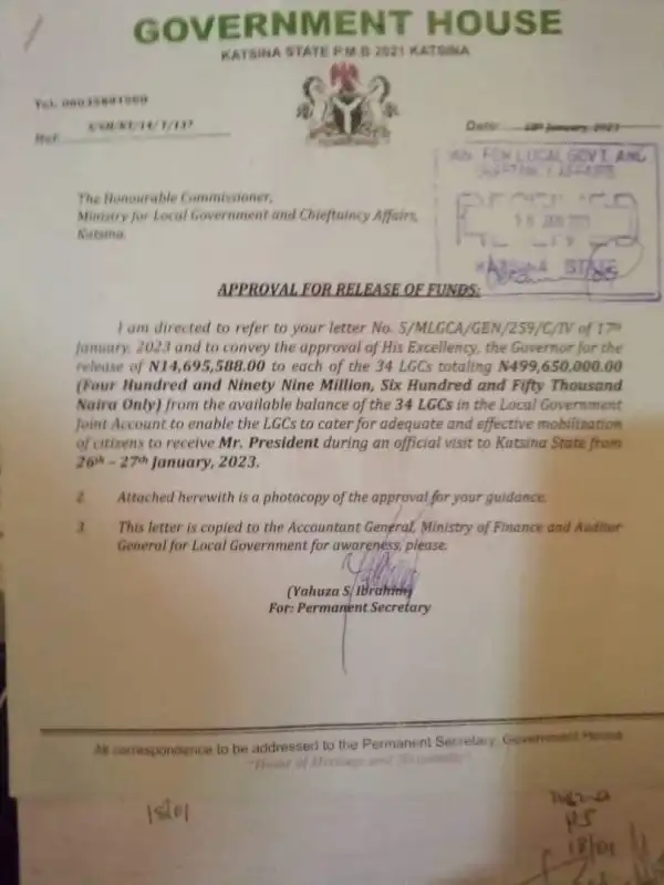 CSOs kick as Katsina State Govt approves N499m from LG joint account "for mobilization of citizens to welcome Buhari"