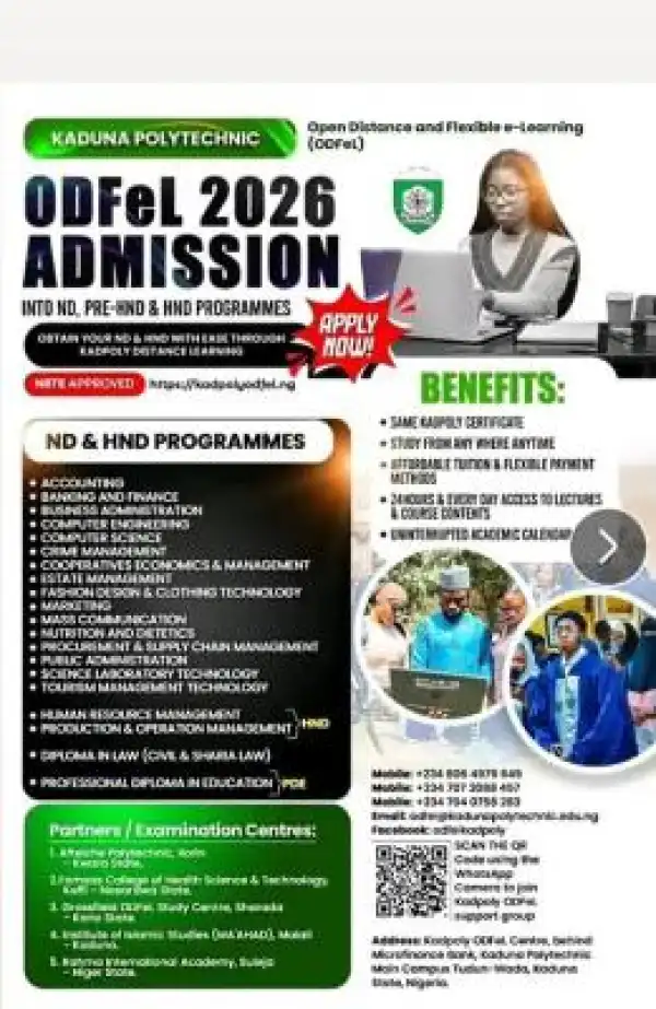 Kaduna Polytechnic ODFeL 2026 Admission for ND, Pre-HND, and HND Programmes
