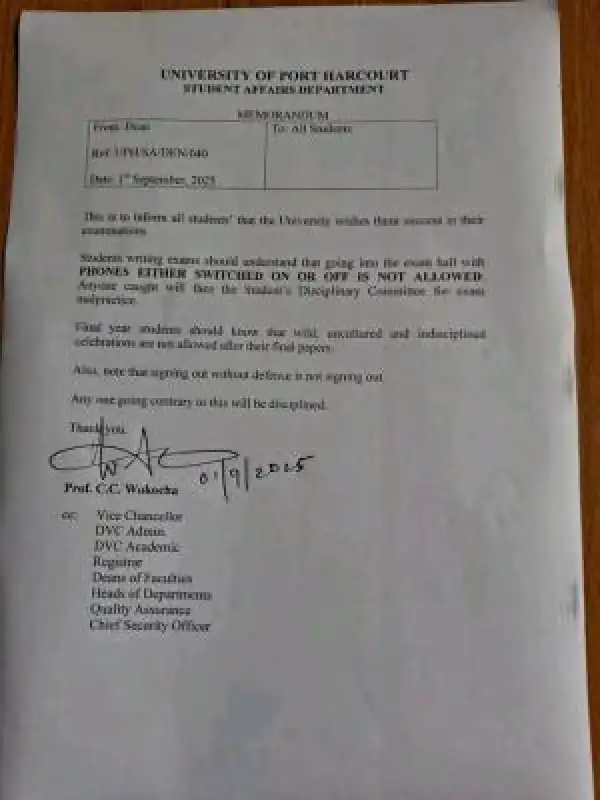 UNIPORT issues important warning to students on exam conduct