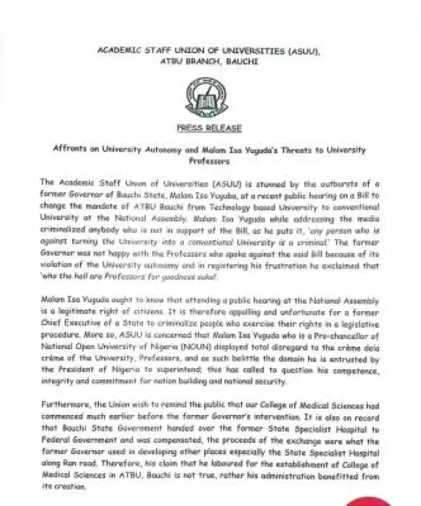 ATBU ASUU branch condemns former Governor