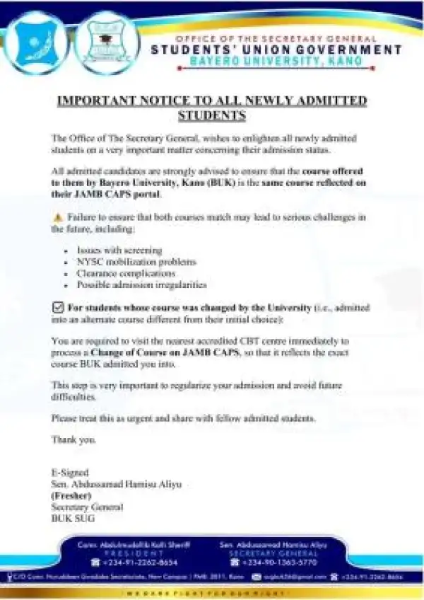 BUK SUG urges new students to verify course on JAMB CAPS