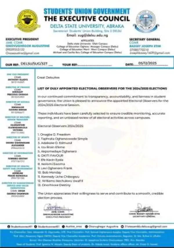 DELSU SUG releases list of appointed electoral observers for 2024/2025 elections