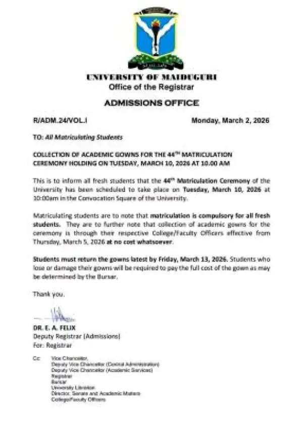 UNIMAID notice on collection of matriculation gown