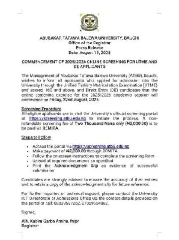 ATBU Post-UTME/DE 2025: cut-off mark, eligibility and registration details