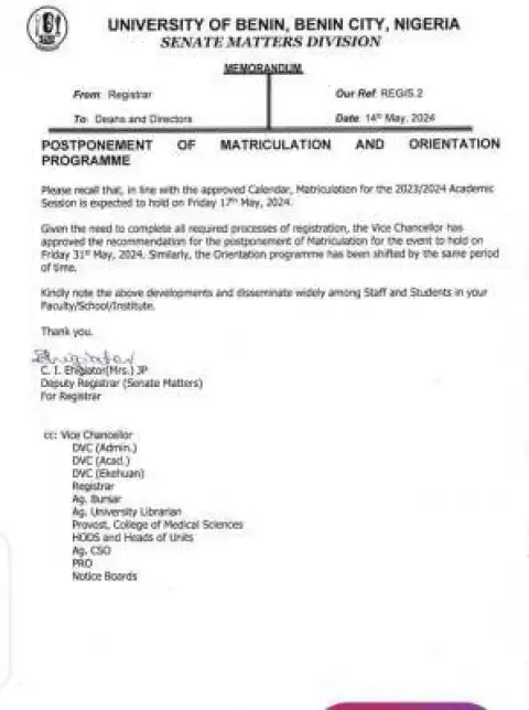UNIBEN postpones matriculation ceremony & orientation, 2023/2024