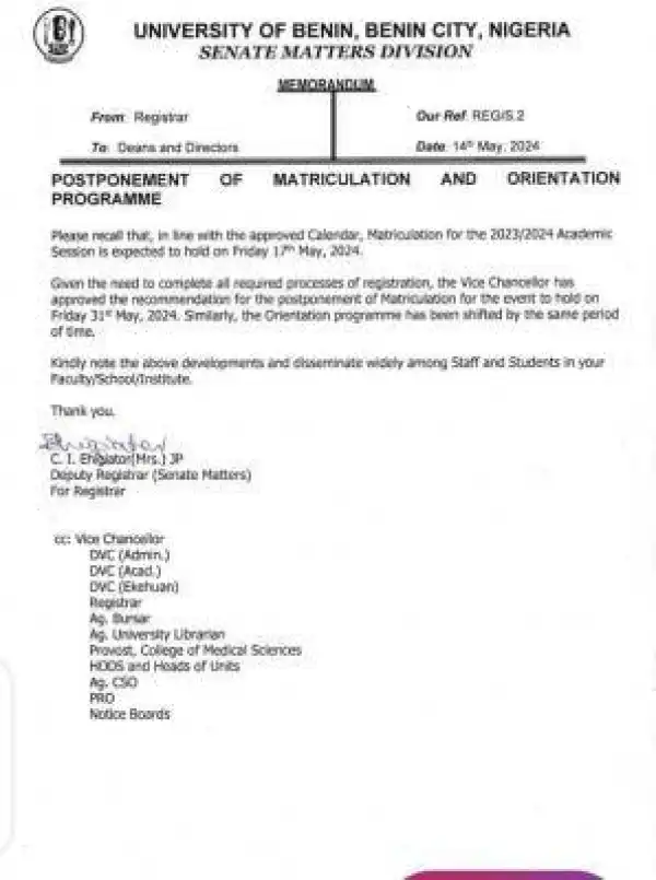 UNIBEN postpones matriculation ceremony & orientation, 2023/2024