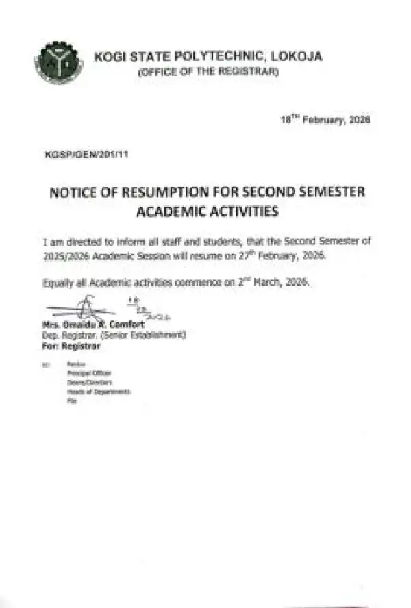 Kogi State Poly notice on resumption for 2nd semester