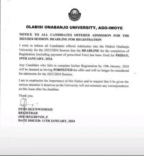 OOU notice to candidates offered admission on deadline for registration, 2023/2024