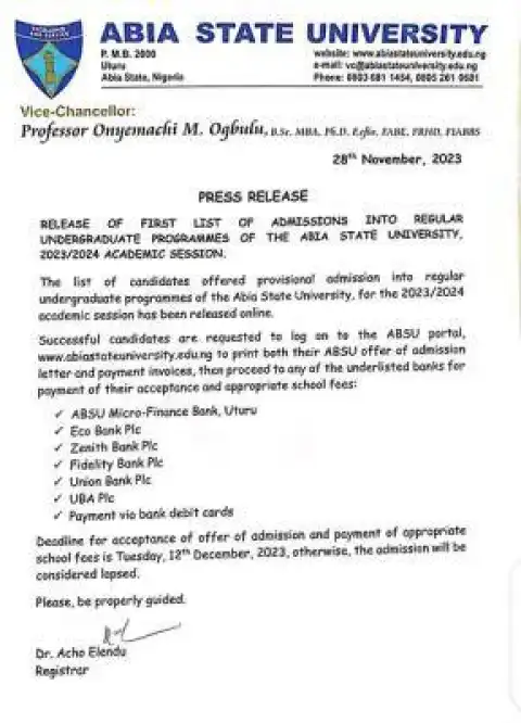 ABSU admission list now on school's portal, 2023/2024