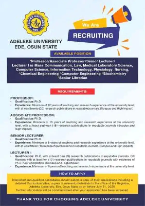 Adeleke University announces job vacancies