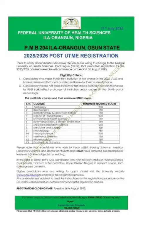 FUHSI Post-UTME 2025: eligibility, cut-off mark, & registration details