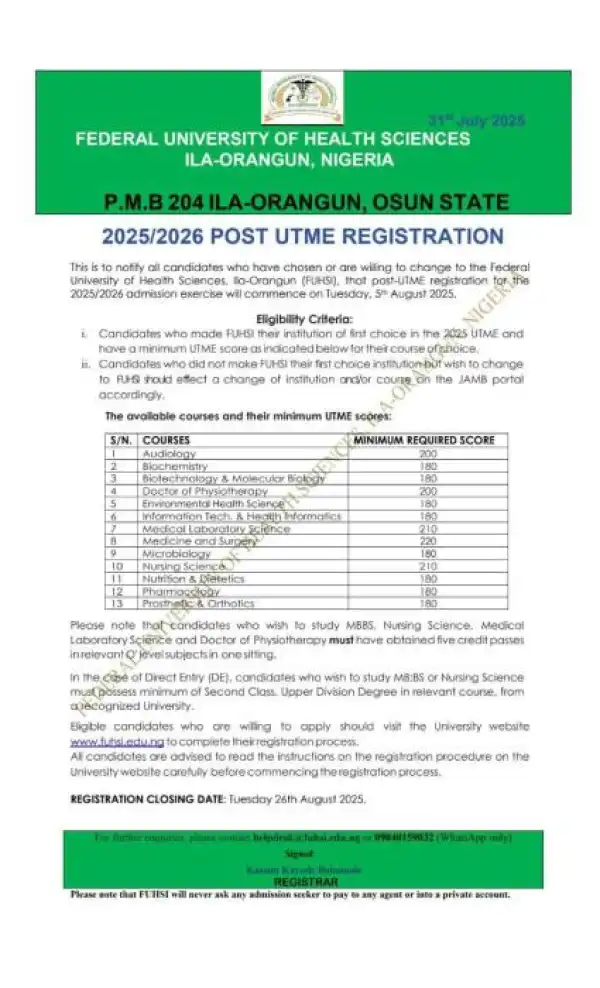FUHSI Post-UTME 2025: eligibility, cut-off mark, & registration details