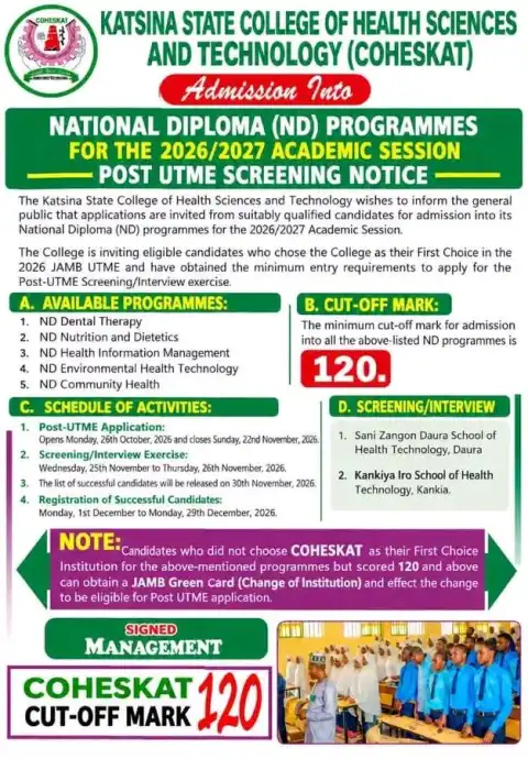 COHESKAT releases Post UTME admission form, 2026/2027 session