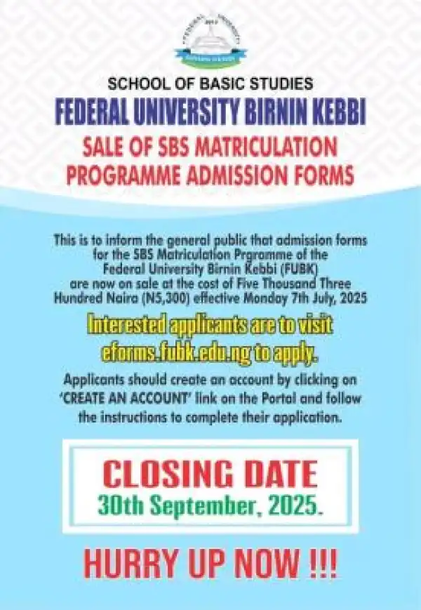 FUBK SBS Matriculation Programme Admission, 2025/2026