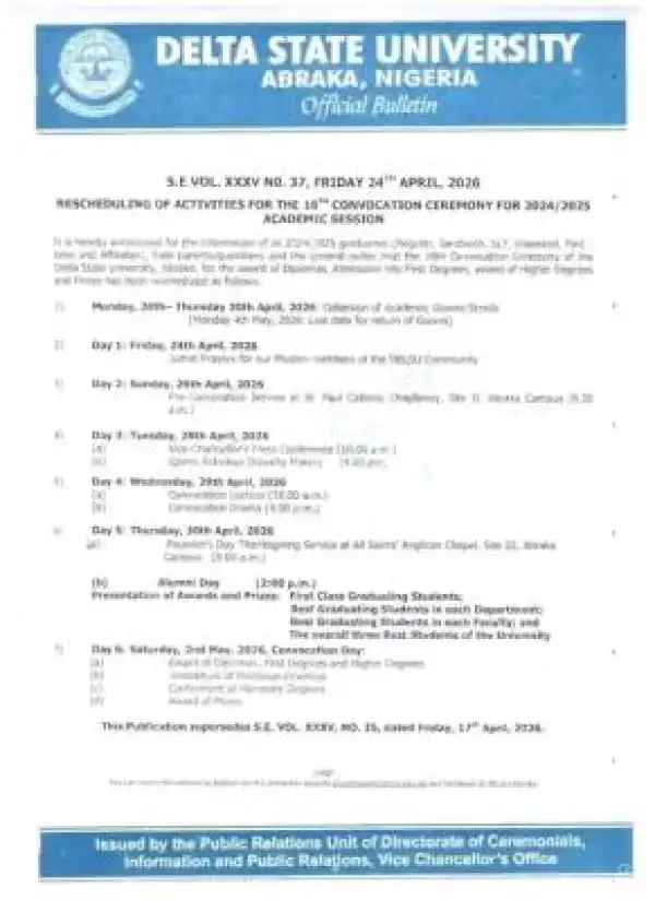 DELSU reschedules 18th Convocation Ceremony