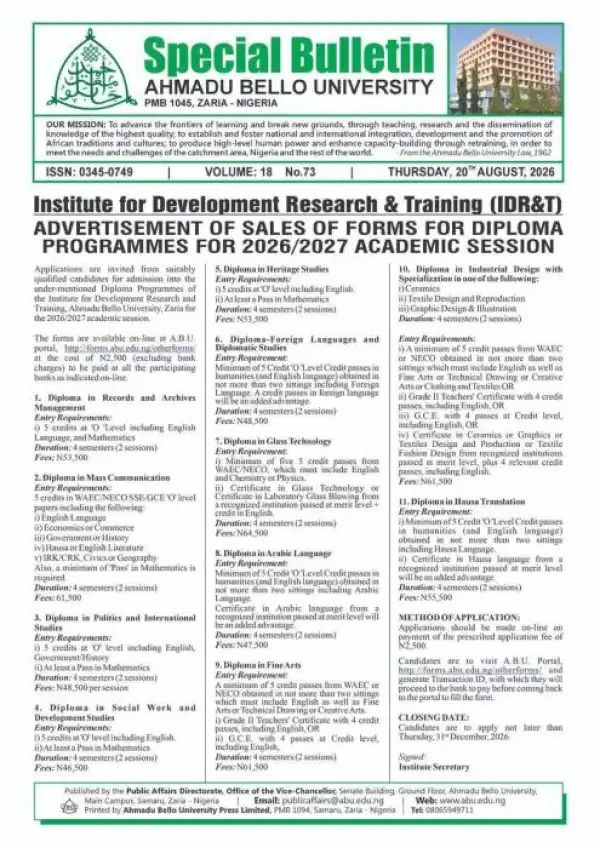 ABU Institute for Development Research and Training Diploma admission, 2026/2027